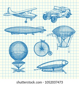 Vector set of steampunk hand drawn dirigibles, bicycles and cars on paper sheet illustration