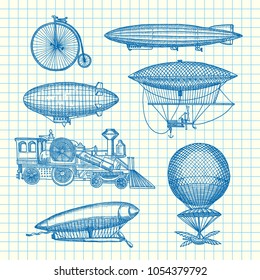 Vector set of steampunk hand drawn dirigibles, bicycles and cars on cell sheet illustration. Dirigible transport and air balloon vintage