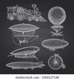 Vector set of steampunk hand drawn dirigibles, bicycles and cars on black chalkboard illustration