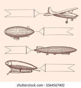 Vector set of steampunk hand drawn vintage dirigibles and air baloons with hanging wide ribbons for text. Airplane transport with banner, aircraft dirigible or zeppelin illustration