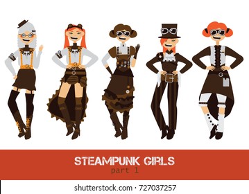 Vector set with steampunk man cartoon flat characters