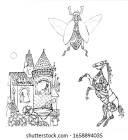 Vector set in steampunk style. Black and white sketch. Hand-drawn. A horse, a house and a beetle in a mechanical style. Isolated on a white background. Coloring book for children and adults.