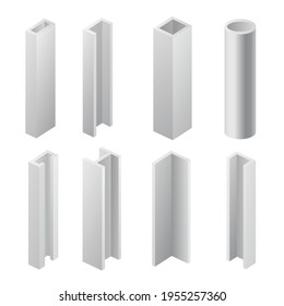 Vector set of steel beam and tubes for building, metal construction materials.
