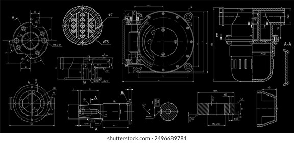 Conjunto de Vector de dispositivos mecánicos de acero con eje, 
Engranaje, motor eléctrico, conexión atornillada 
y líneas de cota. Dibujo de montaje de cilíndrico 
reductor de gusanos. Esquema de tarjeta técnica de ingeniería. 