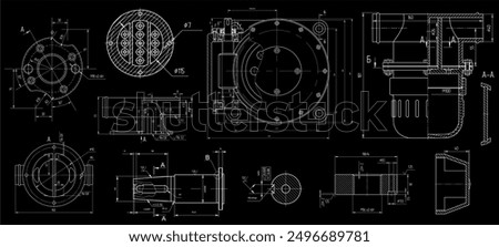 Vector set of steel mechanical devices with shaft, 
gear, electric engine, bolted connection 
and dimension lines. Assembly drawing of cylindrical 
worm reducer. Engineering technical cad scheme. 