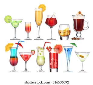 Vector Set Of Stemware And Glasses With Cocktail. Realistic, Style