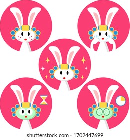 Vector set with step by step illustrations of applying a face mask to a bunny girl.