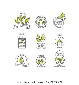 Vector set of stevia labels, logos, badges and icons. Natural sweetener design element. Organic stevia icon isolated. Eco safe stevia badge design.