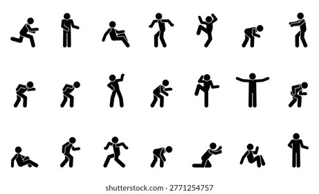 Vector set of stick figures in different poses, gestures, and everyday situations. Simple black silhouettes on transparent background. Versatile pack for communication, body language, lifestyle concepts, character animation, and universal people icons.