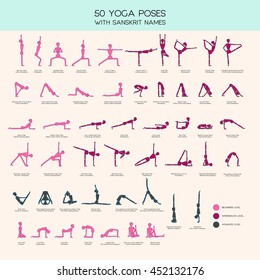 Vector set of stick figures doing yoga asanas, yoga people infographics, 50 basic poses for beginners and advanced learners