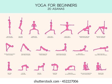Vector set of stick figures doing yoga asanas, yoga for beginners, gymnastics people infographics, 20 basic poses