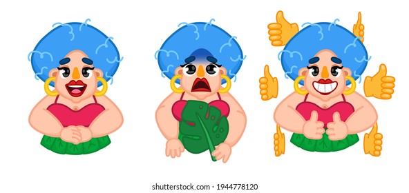 Vector set. Sticker girl in a tropical outfit. Different types of emotions.