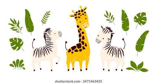 Conjunto de Vector de ilustraciones de pegatinas de lindos animales africanos cebra y jirafa y hojas tropicales aisladas sobre fondo blanco