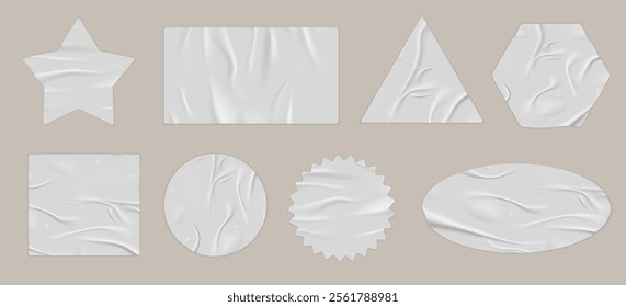 Vector set of sticker illustrations from various geometric shapes with folds and dampness effect. Realistic crumpled paper with shapes including rectangles, circles and stars. Templates for design.