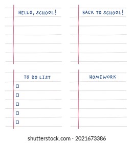 Vector set of sticker notes with 1 September and back to school theme. Lists with handwritten lettering. Cute sticker notepads: ruled paper, to do list, notes, tasks.