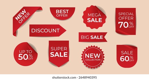 Vector set of sticker templates for shopping, sales, special offers. Red icons with white text