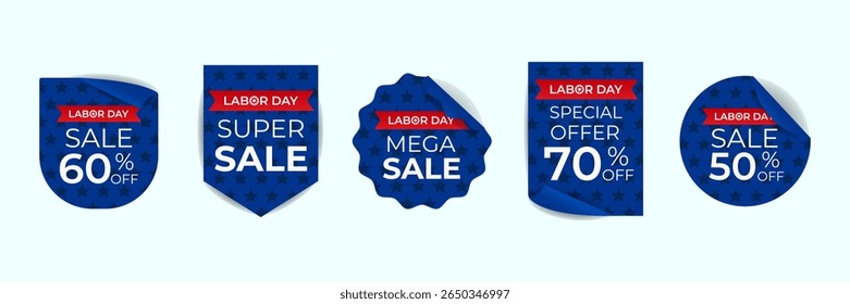 Vektorsatz von Sticker-Vorlagen für Shopping, Verkauf, Sonderangebote für den Arbeitstag der Vereinigten Staaten von Amerika