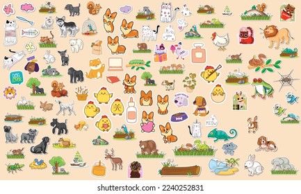 Vector set of stickers with animals, Different dogs cartoon, wild animals, collection of flat illustrations