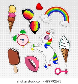 Vector set of stickers badges in different colors 80s-90s comic style