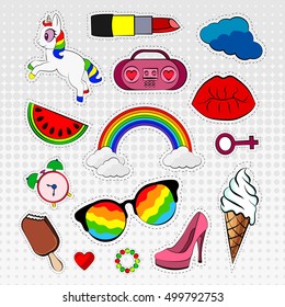 Vector set of stickers badges in different colors 80s-90s comic style