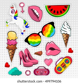  Vector set of stickers badges in different colors 80s-90s comic style