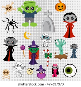 Vector set of stickers badges halloween in different colors 80s-90s comic style