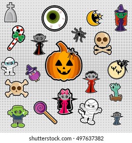 Vector set of stickers badges halloween in different colors 80s-90s comic style