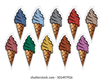 Vector set of stickers badges ice cream of different colors 80s-90s comic style