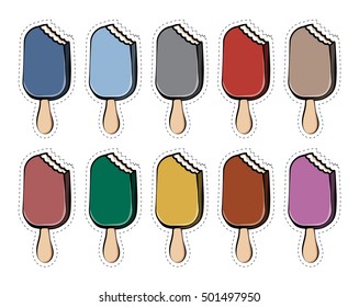 Vector set of stickers badges ice cream of different colors 80s-90s comic style