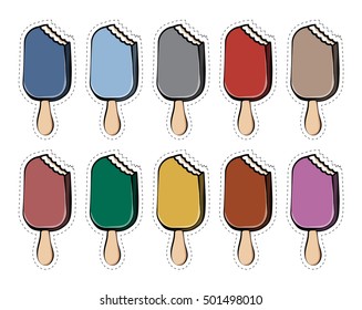 Vector set of stickers badges ice cream of different colors 80s-90s comic style