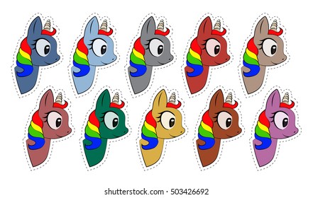 Vector set of stickers badges ponies of various colors 80s-90s comic style