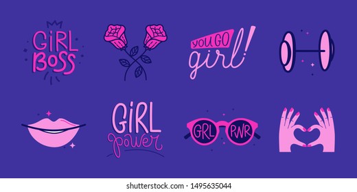 Vector set of stickers and badges in simple style with hand-lettering phrases girl power, you go girl, girl boss  - stylish print for poster or t-shirt - feminism quotes and woman motivational slogans