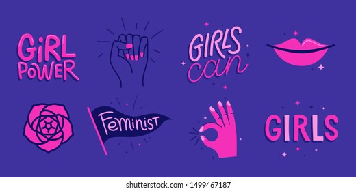 Conjunto vectorial de etiquetas y distintivos de estilo simple con frases con letras a mano poder femenino, las chicas pueden -letra elegante para afiches o pantalones- citas feministas y lemas motivacionales de las mujeres
