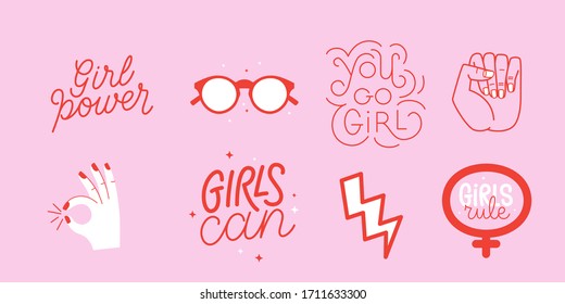 Vector set of stickers and badges in simple style with hand-lettering phrases girl power, girls can - stylish print for poster or t-shirt - feminism quotes and woman motivational slogans