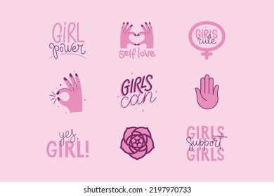 Vector set of stickers and badges in simple style with hand-lettering phrases girl power, girls can - stylish print for poster or t-shirt - feminism quotes and woman motivational slogans