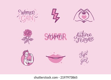 Vector set of stickers and badges in simple style with hand-lettering phrases girl power, girls can - stylish print for poster or t-shirt - feminism quotes and woman motivational slogans