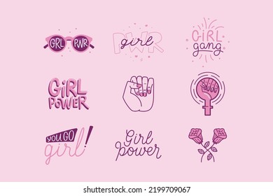 Conjunto vectorial de etiquetas y distintivos de estilo simple con frases con letras a mano poder femenino, las chicas pueden - impresión elegante para afiches o camisetas - citas feministas y lemas motivacionales de las mujeres