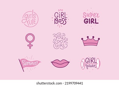 Vector set of stickers and badges in simple style with hand-lettering phrases girl power, girls can - stylish print for poster or t-shirt - feminism quotes and woman motivational slogans