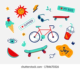 Vector set of stickers with bike, skateboard, penny board, sunglasses, watermelon, ice cream and cocktail. Fun and cool colored elements and doodles. I love summer concept.