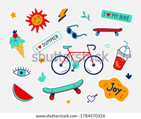 Vector set of stickers with bike, skateboard, penny board, sunglasses, watermelon, ice cream and cocktail. Fun and cool colored elements and doodles. I love summer concept.