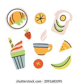 Vector set of stickers with breakfast food and drinks