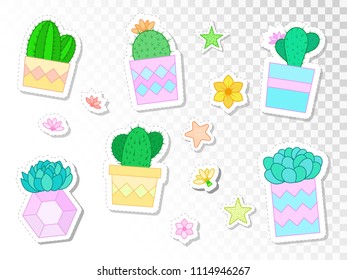 Vector set of stickers with cacti and succulents in flower pots. Flat style. Colored collection.