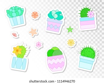 Vector set of stickers with cacti and succulents in flower pots. Flat style. Colored collection.