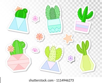 Vector set of stickers with cacti and succulents in flower pots. Flat style. Colored collection.