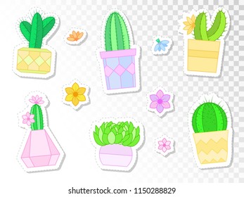 Vector set of stickers with cacti and succulents in flower pots. Flat style. Colored collection.