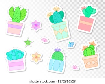 Vector set of stickers with cacti and succulents in flower pots. Flat style. Colored collection.