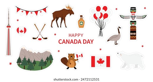 Vector set of stickers for Canada Day: totem pole, maple syrup, beaver, moose and Kagadian flag, northern bear, mountains. White isolated background. Flat style.