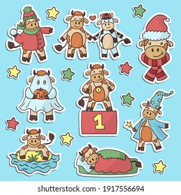 Vector set of stickers with cartoon cute bulls, the symbol of the year, for design and decoration