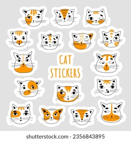 Vector set of stickers with cat faces. Baby stickers. Children's illustration.
