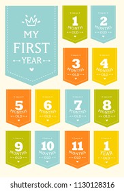 Vector set of stickers for children from birth to one year. It can be used for photo shoots stickers for nursery cards, posters, invitations. memory book